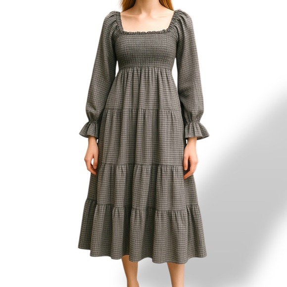 Gingham Smocked TieredMidi Dress Milk Maid Peasant Cottagecore Boho Prairie S - Picture 1 of 11